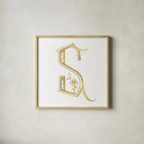 French Sewing Letter S by Wild Apple Portfolio. Shown in a natural wood glass frame for a timeless modern aesthetic. Available as an archival giclee rolled canvas, fine art paper, or poster print. SKU 43234a.