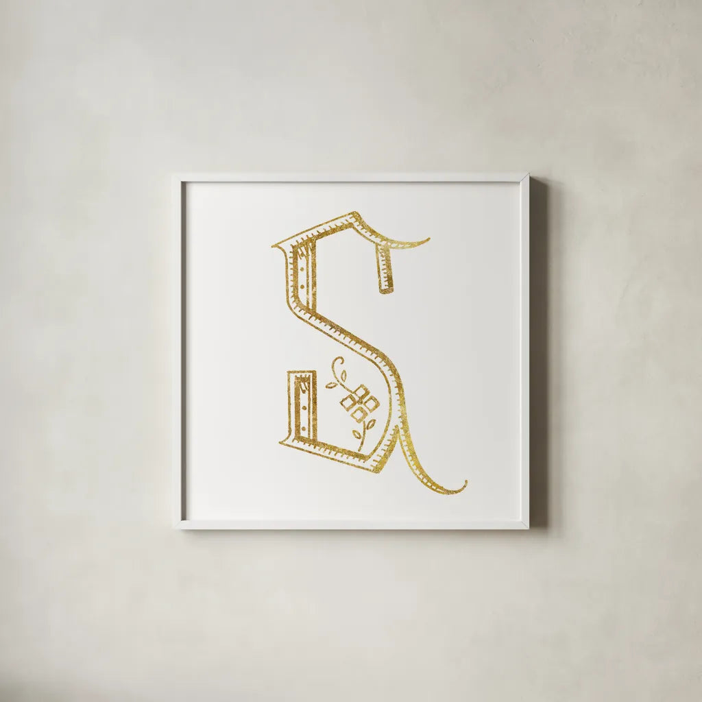 French Sewing Letter S by Wild Apple Portfolio. Shown in a crisp white glass frame for a clean and minimalist style. Available as an archival giclee rolled canvas, fine art paper, or poster print. SKU 43234a.