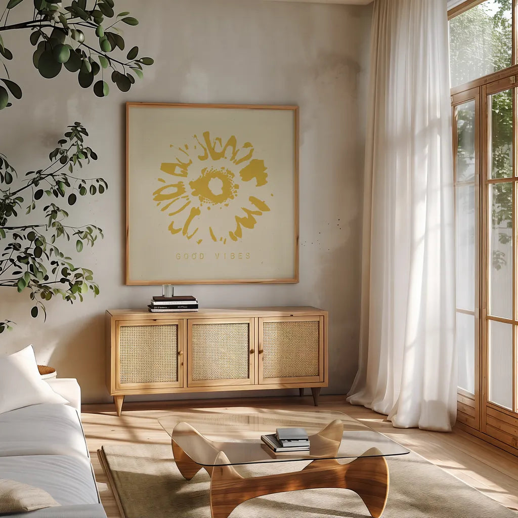 Fresh as a Daisy II by Wild Apple Portfolio. Shown in a natural wood frame in a cozy modern living room. Available as an archival giclee rolled canvas, fine art paper, or poster print. SKU 69828a.