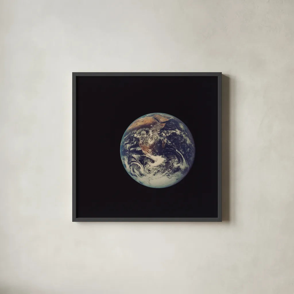 Full Disk Earth by Wild Apple Portfolio. Shown in a sleek black glass frame for a contemporary gallery look. Available as an archival giclee rolled canvas, fine art paper, or poster print. SKU 84533a.