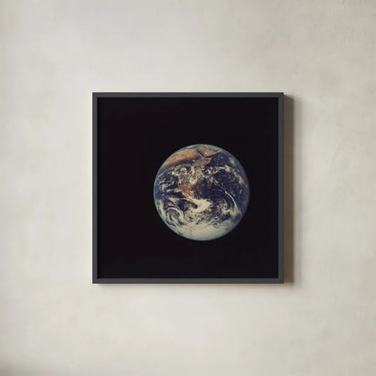 Full Disk Earth by Wild Apple Portfolio. Shown in a sleek black glass frame for a contemporary gallery look. Available as an archival giclee rolled canvas, fine art paper, or poster print. SKU 84533a.