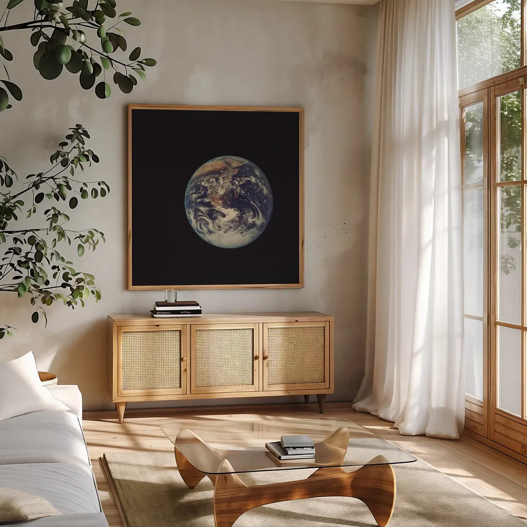 Full Disk Earth by Wild Apple Portfolio. Shown in a natural wood frame in a cozy modern living room. Available as an archival giclee rolled canvas, fine art paper, or poster print. SKU 84533a.
