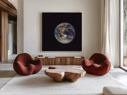 Full Disk Earth by Wild Apple Portfolio. Shown as extra-large giant wall art in a modern living room. Available as an archival giclee rolled canvas, fine art paper, or poster print. SKU 84533a.