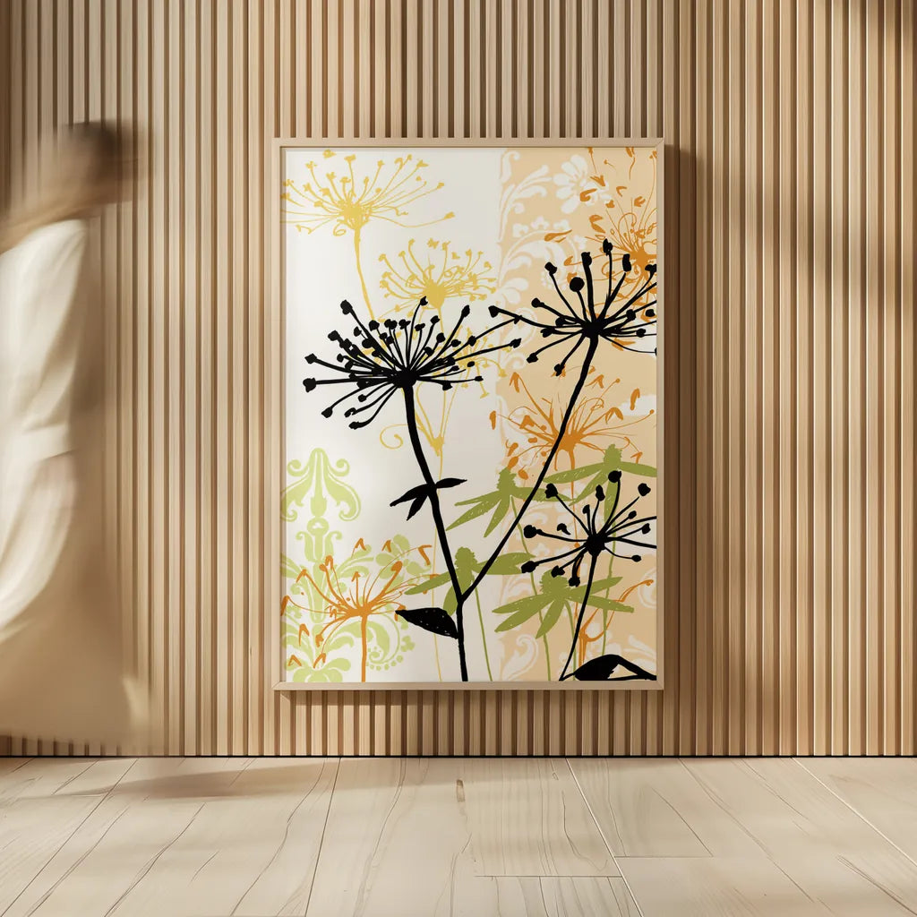 Funky Botanical I No Words by Wild Apple Portfolio. shown as over sized large wall art. Available as an archival giclee rolled canvas, fine art paper, or poster print. SKU 60076h.