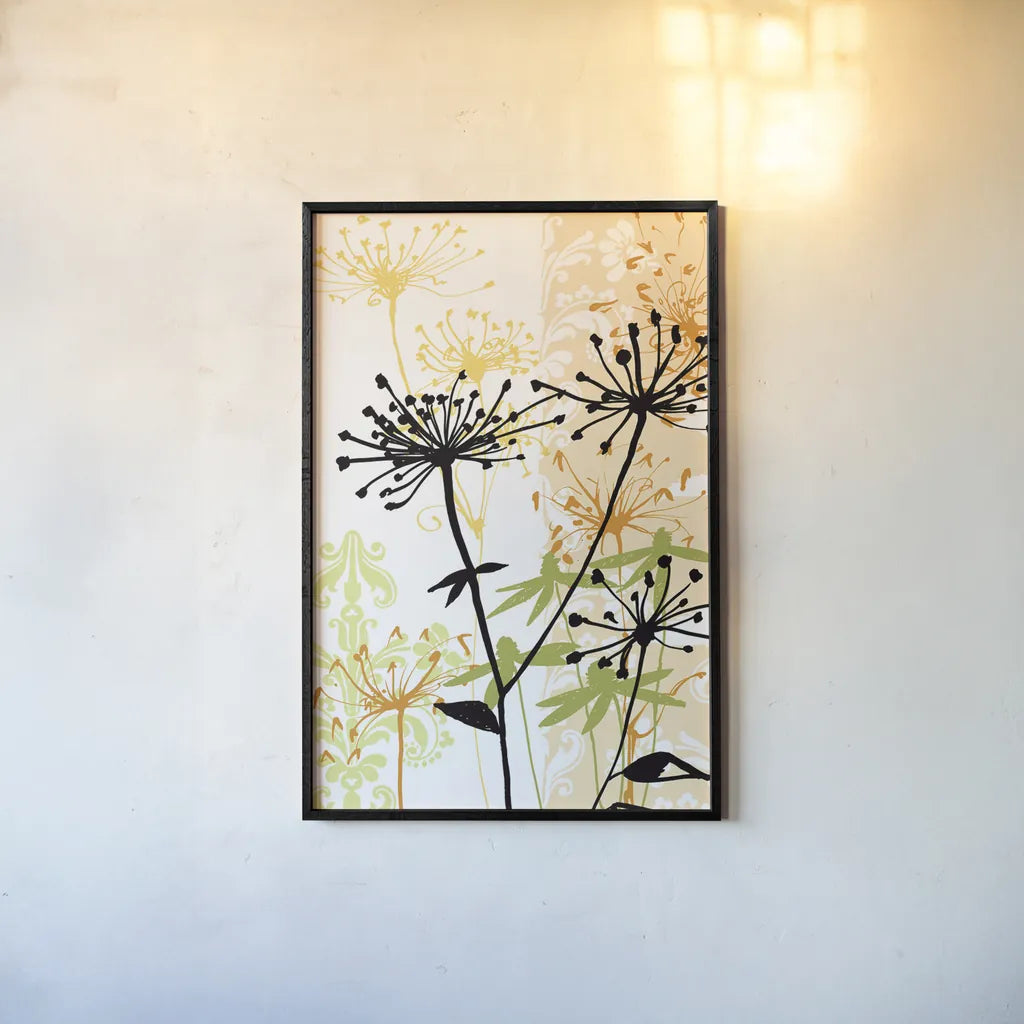 Funky Botanical I No Words by Wild Apple Portfolio. shown as a paper print in a black flame. Available as a archival giclee rolled canvas, fine art paper, or poster print. SKU 60076h.