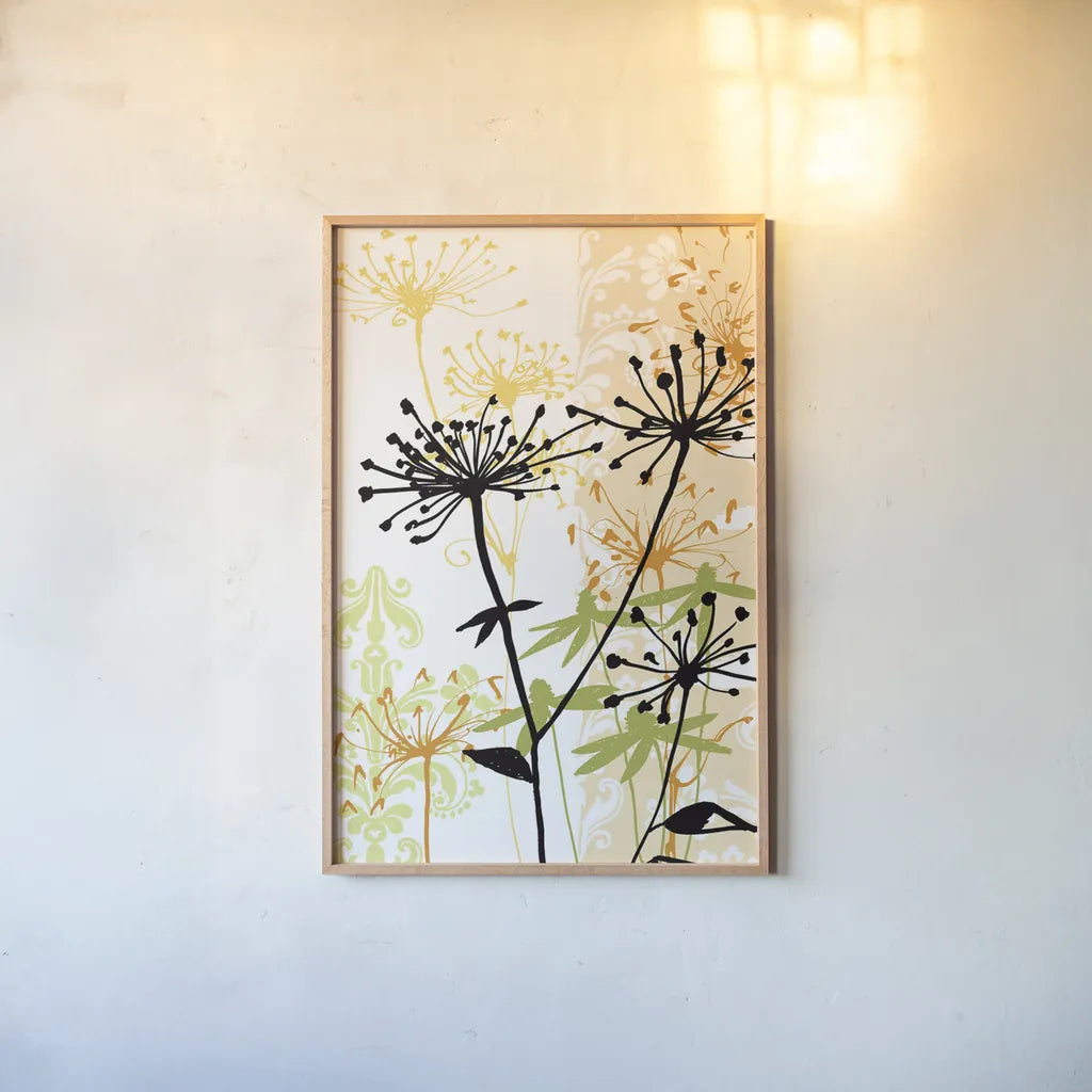 Funky Botanical I No Words by Wild Apple Portfolio. shown as a paper print in a natural frame. Available as a archival giclee rolled canvas, fine art paper, or poster print. SKU 60076h.