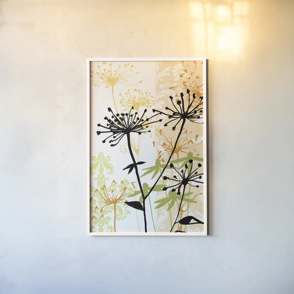 Funky Botanical I No Words by Wild Apple Portfolio. shown as a paper print in a white frame. Available as a archival giclee rolled canvas, fine art paper, or poster print. SKU 60076h.