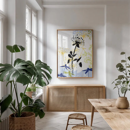 Funky Botanical II No Words by Wild Apple Portfolio. shown as a print in a natural wood frame in a dining room. Available as a archival giclee rolled canvas, fine art paper, or poster print. SKU 60077h.