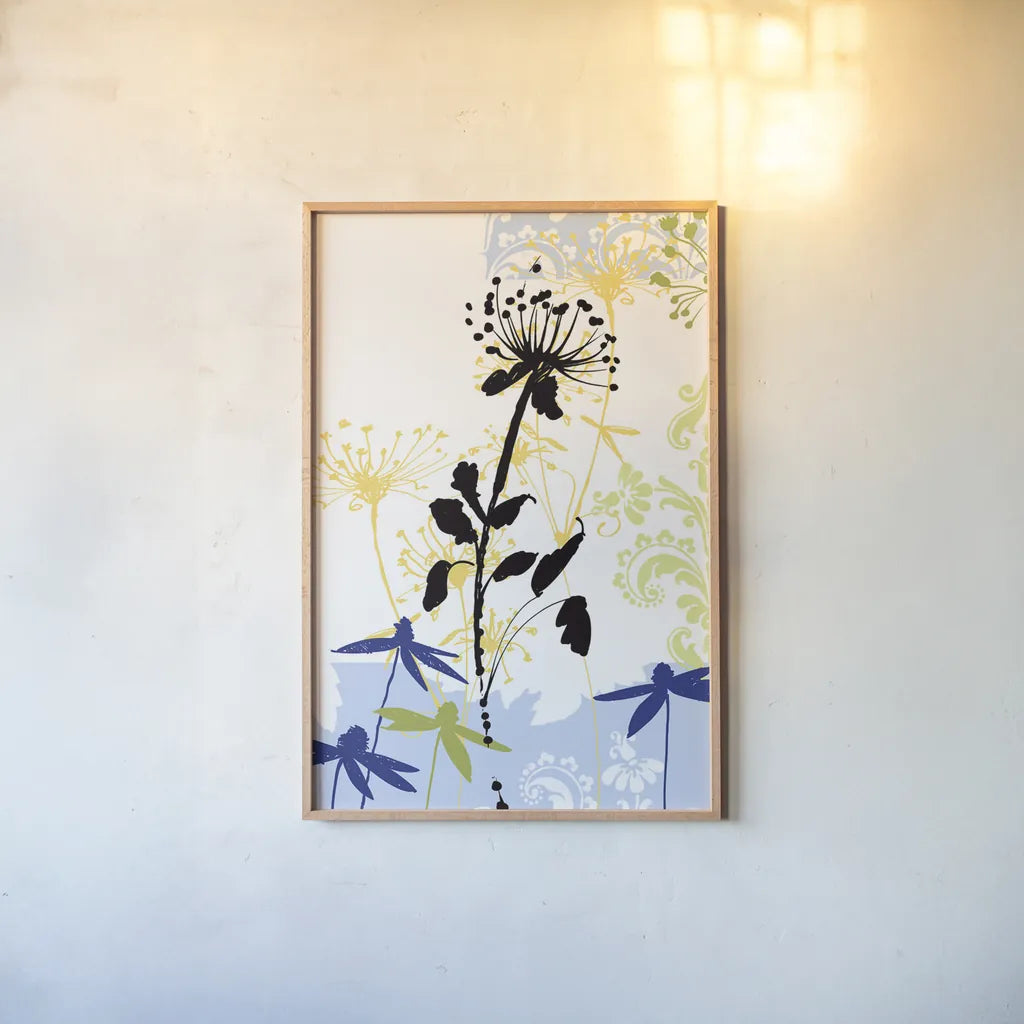 Funky Botanical II No Words by Wild Apple Portfolio. shown as a paper print in a natural frame. Available as a archival giclee rolled canvas, fine art paper, or poster print. SKU 60077h.