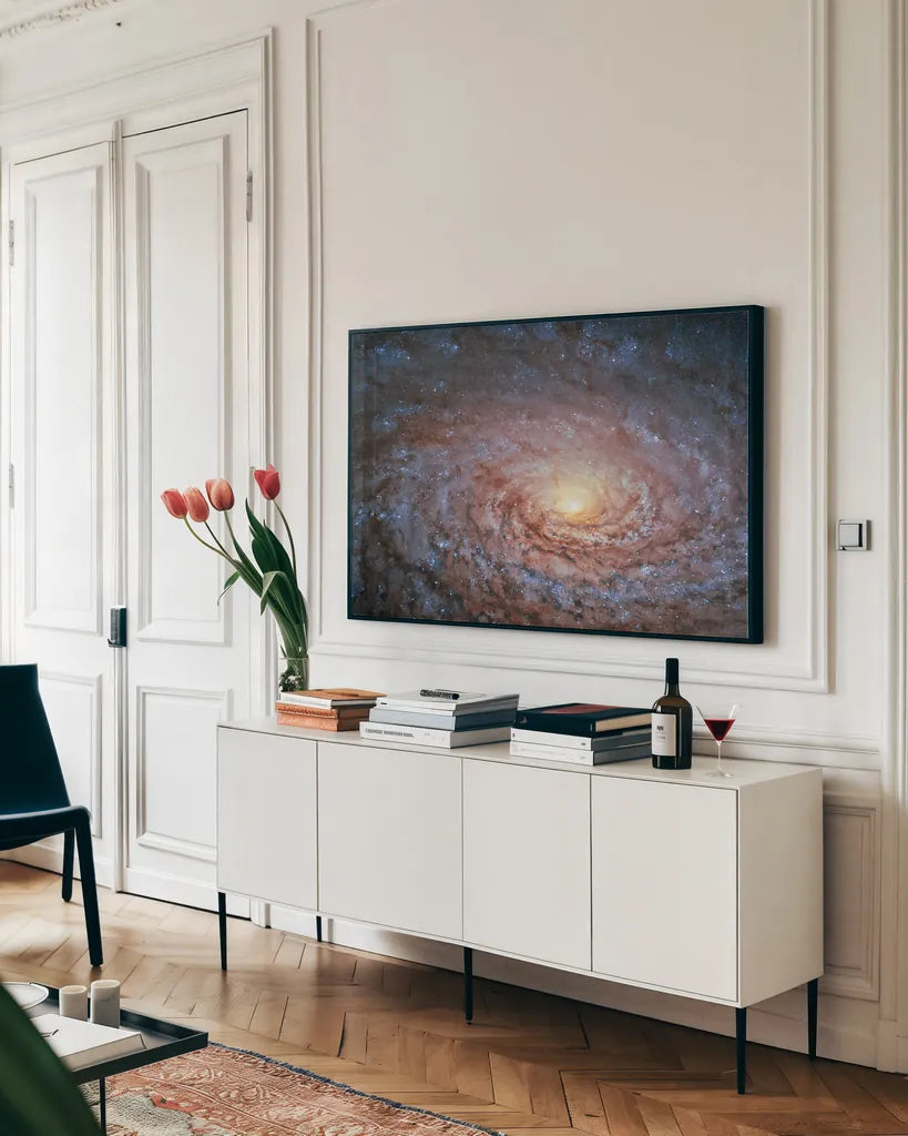 Galactic Sunflower by Wild Apple Portfolio. shown as a framed stretched canvas in a living room above a console. Available as a archival giclee rolled canvas, fine art paper, or poster print. SKU 89790i.