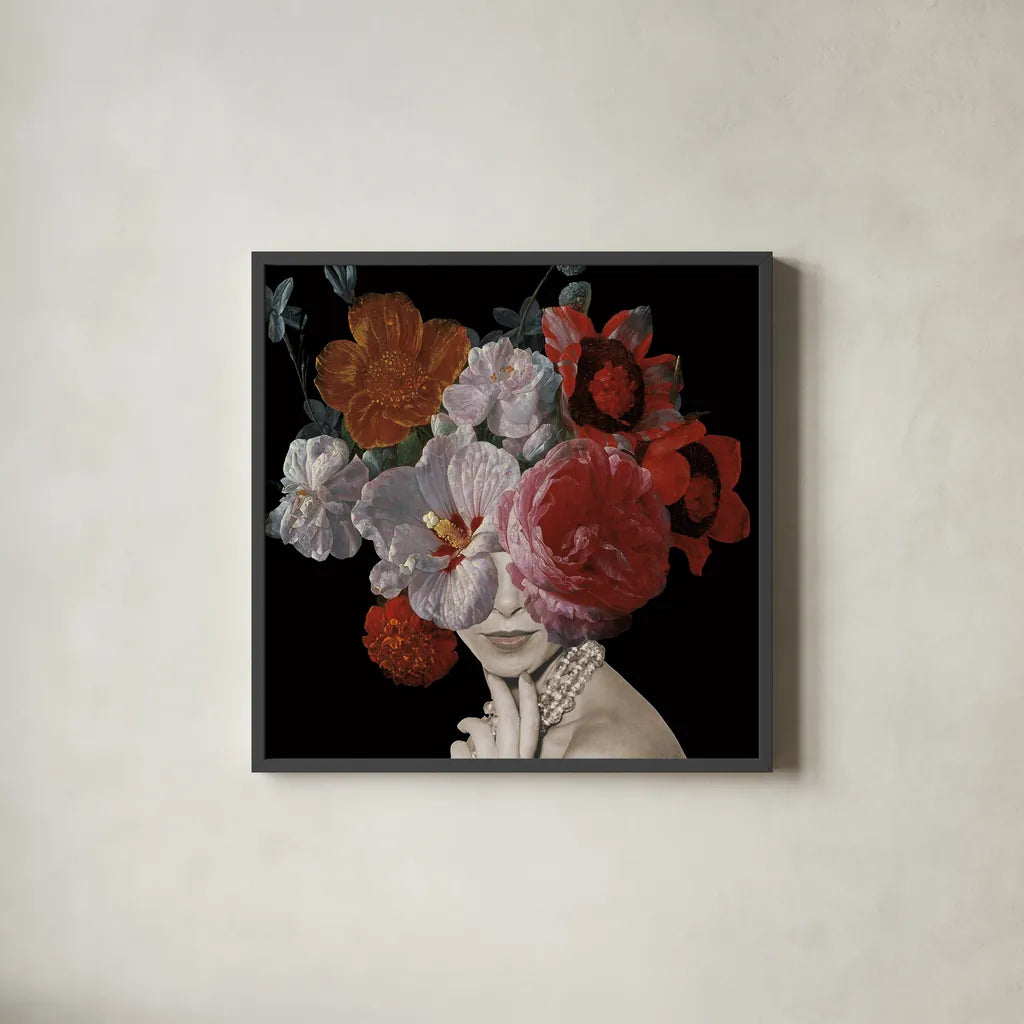 Garden Party II Black Crop by Wild Apple Portfolio. Shown in a sleek black glass frame for a contemporary gallery look. Available as an archival giclee rolled canvas, fine art paper, or poster print. SKU 88447a.