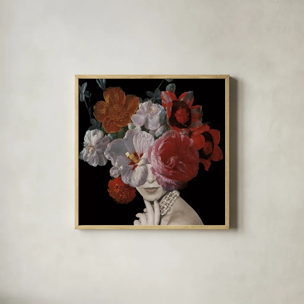 Garden Party II Black Crop by Wild Apple Portfolio. Shown in a natural wood glass frame for a timeless modern aesthetic. Available as an archival giclee rolled canvas, fine art paper, or poster print. SKU 88447a.