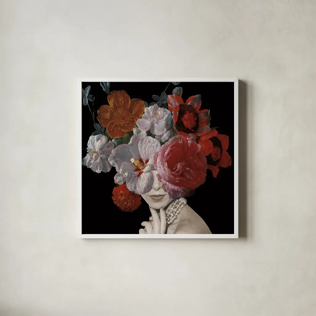 Garden Party II Black Crop by Wild Apple Portfolio. Shown in a crisp white glass frame for a clean and minimalist style. Available as an archival giclee rolled canvas, fine art paper, or poster print. SKU 88447a.