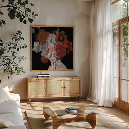 Garden Party II Black Crop by Wild Apple Portfolio. Shown in a natural wood frame in a cozy modern living room. Available as an archival giclee rolled canvas, fine art paper, or poster print. SKU 88447a.