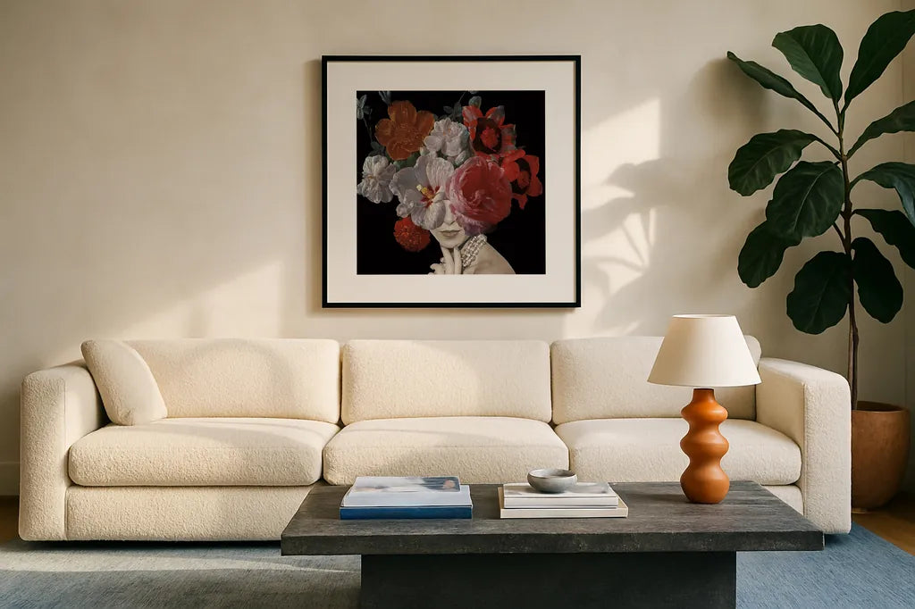 Garden Party II Black Crop by Wild Apple Portfolio. Displayed in a glass frame with matte in a clean modern living room. Available as an archival giclee rolled canvas, fine art paper, or poster print. SKU 88447a.