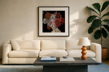 Garden Party II Black Crop by Wild Apple Portfolio. Displayed in a glass frame with matte in a clean modern living room. Available as an archival giclee rolled canvas, fine art paper, or poster print. SKU 88447a.