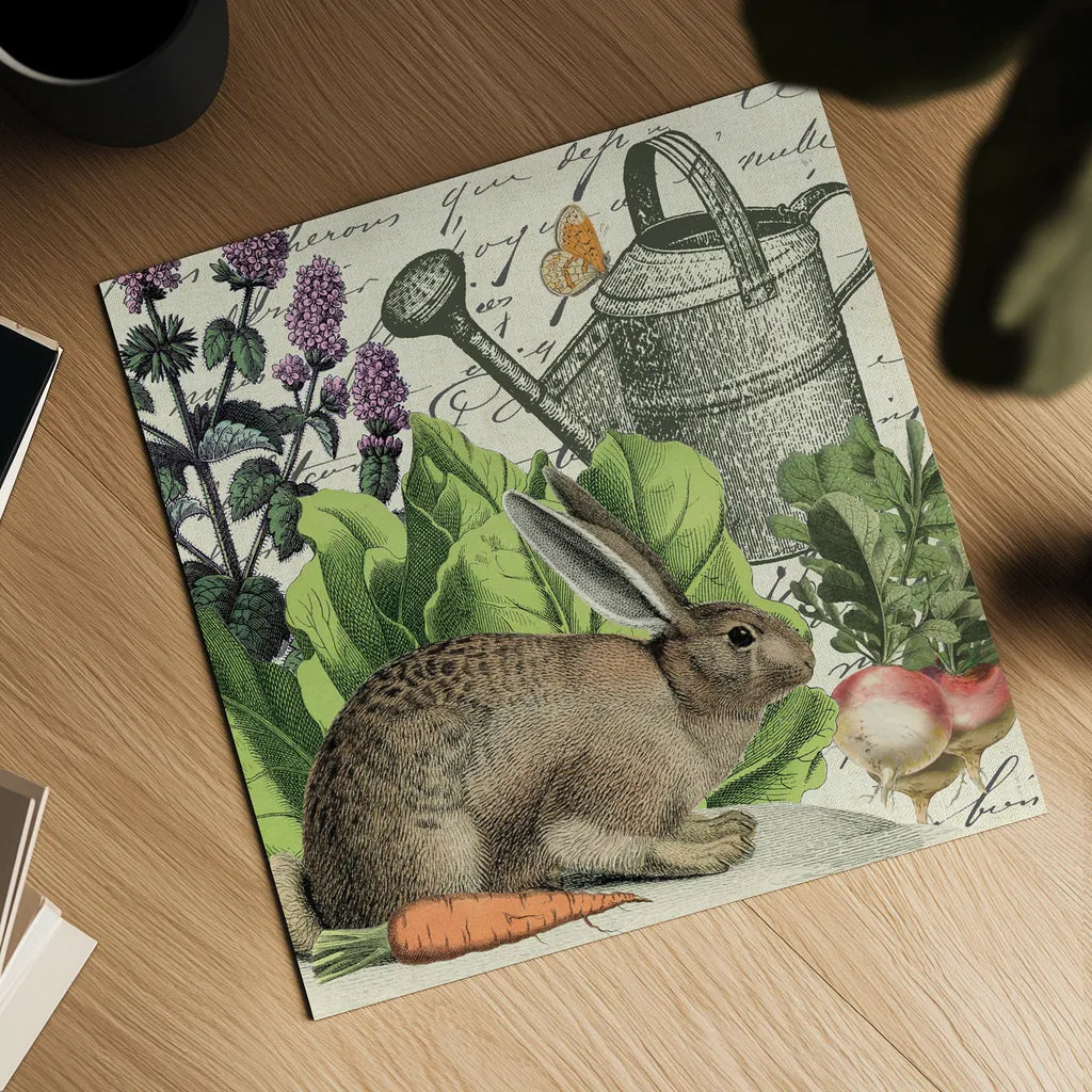Garden Rabbit I by Wild Apple Portfolio. Shown as a detailed flat fine art print, highlighting archival giclee quality. Available as an archival giclee rolled canvas, fine art paper, or poster print. SKU 45821a.