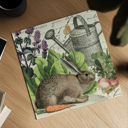 Garden Rabbit I by Wild Apple Portfolio. Shown as a detailed flat fine art print, highlighting archival giclee quality. Available as an archival giclee rolled canvas, fine art paper, or poster print. SKU 45821a.