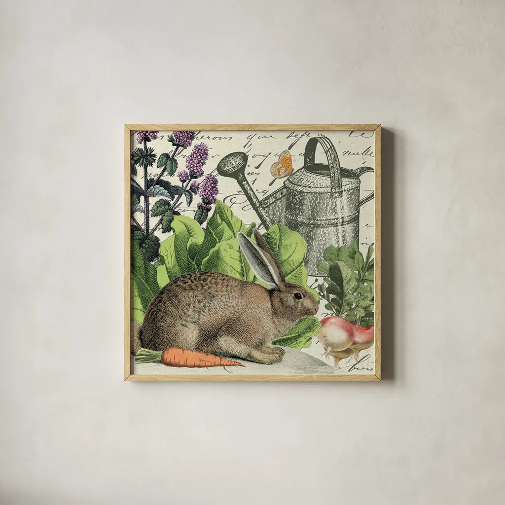 Garden Rabbit I by Wild Apple Portfolio. Shown in a natural wood glass frame for a timeless modern aesthetic. Available as an archival giclee rolled canvas, fine art paper, or poster print. SKU 45821a.