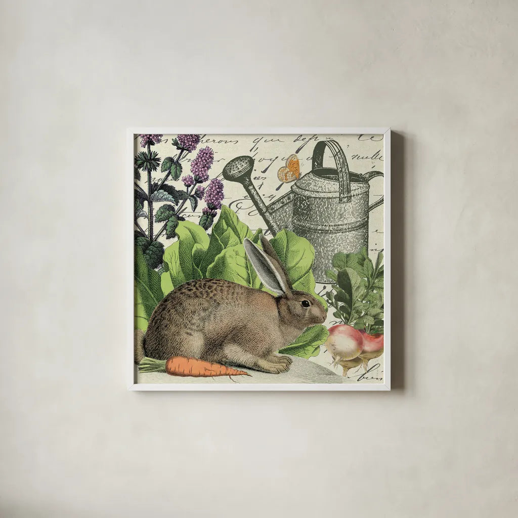 Garden Rabbit I by Wild Apple Portfolio. Shown in a crisp white glass frame for a clean and minimalist style. Available as an archival giclee rolled canvas, fine art paper, or poster print. SKU 45821a.