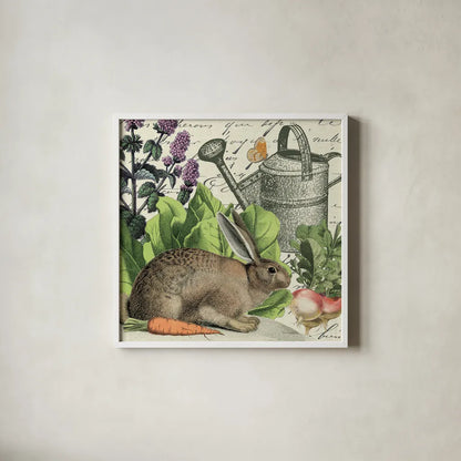 Garden Rabbit I by Wild Apple Portfolio. Shown in a crisp white glass frame for a clean and minimalist style. Available as an archival giclee rolled canvas, fine art paper, or poster print. SKU 45821a.