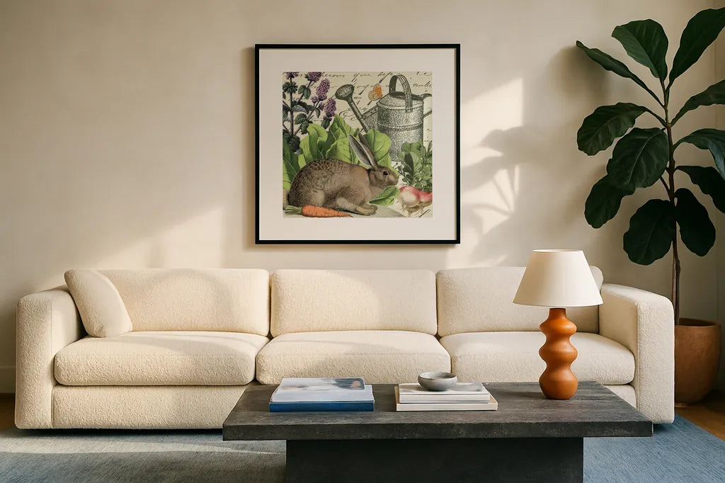 Garden Rabbit I by Wild Apple Portfolio. Displayed in a glass frame with matte in a clean modern living room. Available as an archival giclee rolled canvas, fine art paper, or poster print. SKU 45821a.