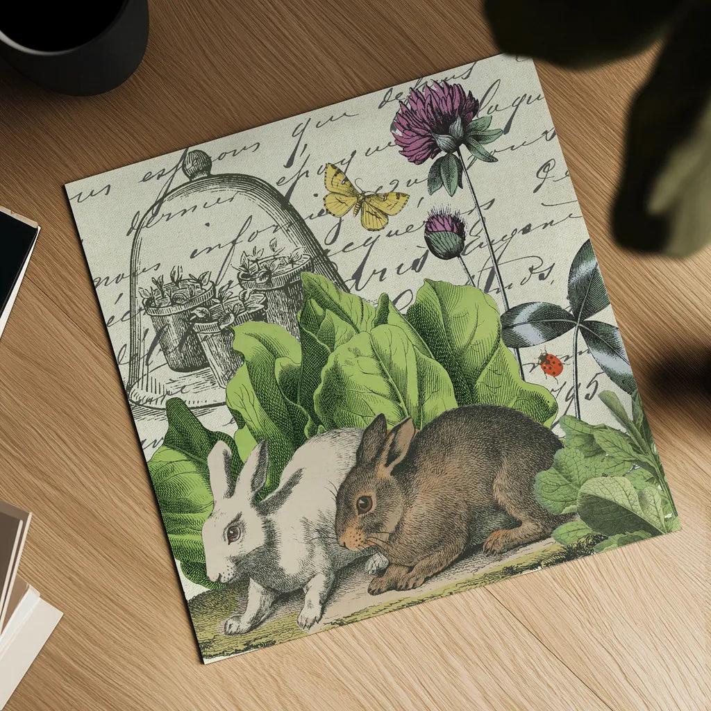 Garden Rabbit II by Wild Apple Portfolio. Shown as a detailed flat fine art print, highlighting archival giclee quality. Available as an archival giclee rolled canvas, fine art paper, or poster print. SKU 45822a.
