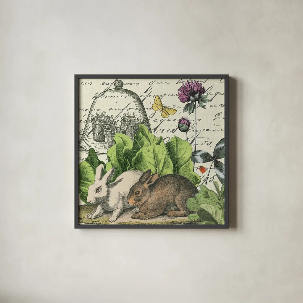 Garden Rabbit II by Wild Apple Portfolio. Shown in a sleek black glass frame for a contemporary gallery look. Available as an archival giclee rolled canvas, fine art paper, or poster print. SKU 45822a.