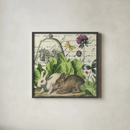 Garden Rabbit II by Wild Apple Portfolio. Shown in a sleek black glass frame for a contemporary gallery look. Available as an archival giclee rolled canvas, fine art paper, or poster print. SKU 45822a.