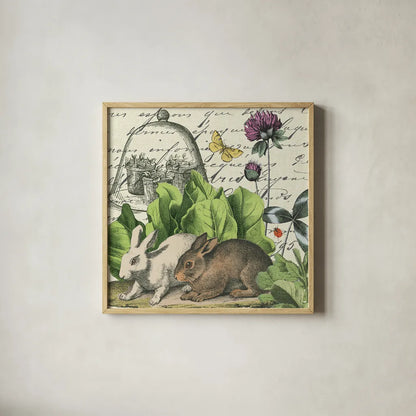 Garden Rabbit II by Wild Apple Portfolio. Shown in a natural wood glass frame for a timeless modern aesthetic. Available as an archival giclee rolled canvas, fine art paper, or poster print. SKU 45822a.