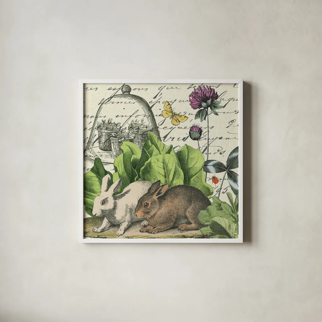 Garden Rabbit II by Wild Apple Portfolio. Shown in a crisp white glass frame for a clean and minimalist style. Available as an archival giclee rolled canvas, fine art paper, or poster print. SKU 45822a.