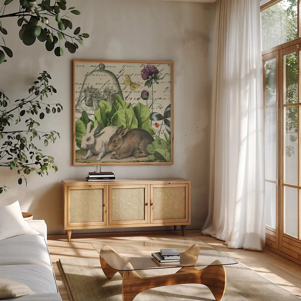 Garden Rabbit II by Wild Apple Portfolio. Shown in a natural wood frame in a cozy modern living room. Available as an archival giclee rolled canvas, fine art paper, or poster print. SKU 45822a.