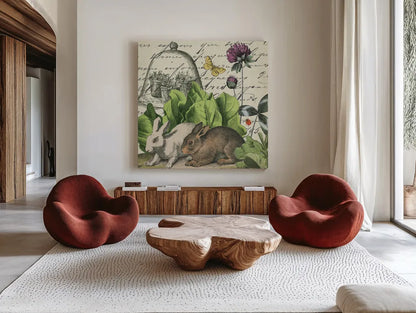 Garden Rabbit II by Wild Apple Portfolio. Shown as extra-large giant wall art in a modern living room. Available as an archival giclee rolled canvas, fine art paper, or poster print. SKU 45822a.