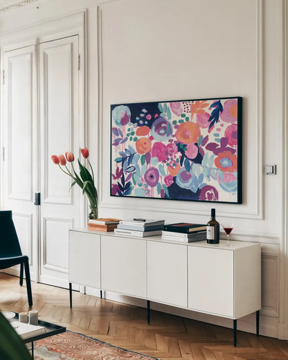 Garden Riot by Wild Apple Portfolio. shown as a framed stretched canvas in a living room above a console. Available as a archival giclee rolled canvas, fine art paper, or poster print. SKU 21365i.