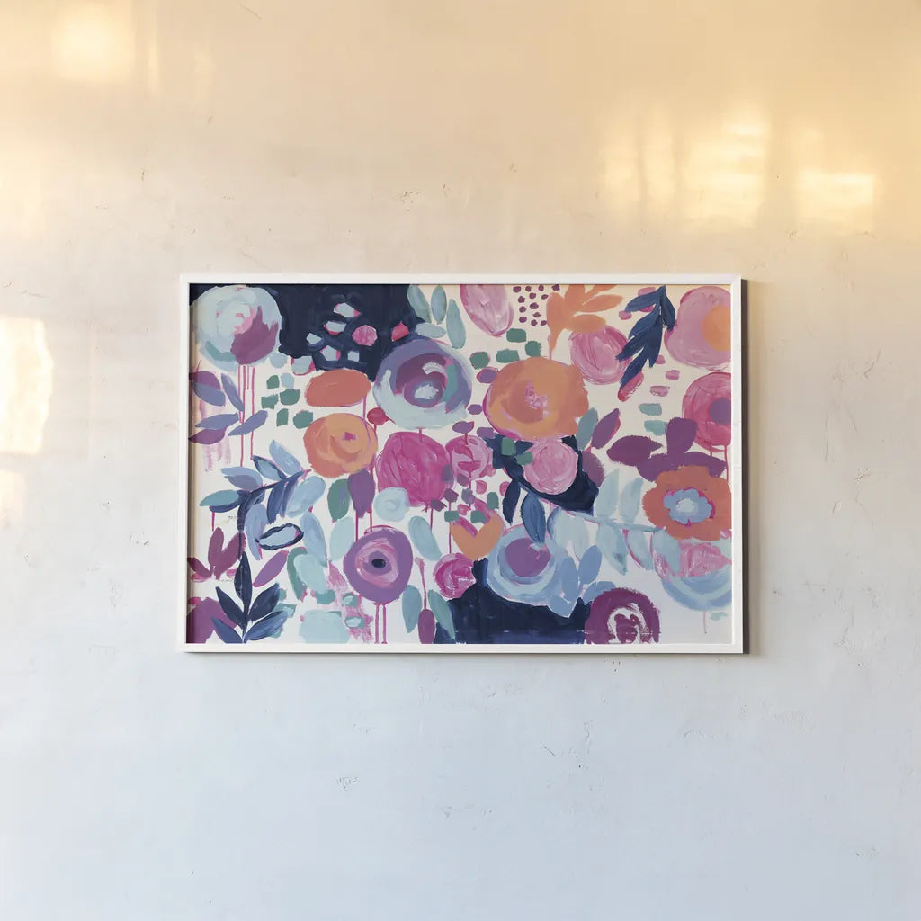 Garden Riot by Wild Apple Portfolio. shown as a paper print in a white frame. Available as a archival giclee rolled canvas, fine art paper, or poster print. SKU 21365i.