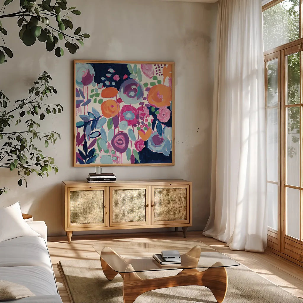 Garden Riot Crop by Wild Apple Portfolio. Shown in a natural wood frame in a cozy modern living room. Available as an archival giclee rolled canvas, fine art paper, or poster print. SKU 21365a.