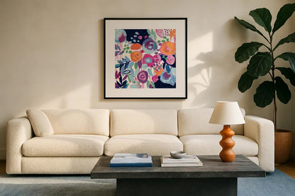 Garden Riot Crop by Wild Apple Portfolio. Displayed in a glass frame with matte in a clean modern living room. Available as an archival giclee rolled canvas, fine art paper, or poster print. SKU 21365a.