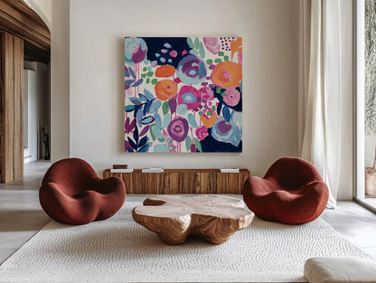 Garden Riot Crop by Wild Apple Portfolio. Shown as extra-large giant wall art in a modern living room. Available as an archival giclee rolled canvas, fine art paper, or poster print. SKU 21365a.