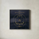 Geography of the Heavens IX Blue Gold by Wild Apple Portfolio. Shown in a sleek black glass frame for a contemporary gallery look. Available as an archival giclee rolled canvas, fine art paper, or poster print. SKU 37309a.