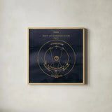 Geography of the Heavens IX Blue Gold by Wild Apple Portfolio. Shown in a natural wood glass frame for a timeless modern aesthetic. Available as an archival giclee rolled canvas, fine art paper, or poster print. SKU 37309a.