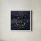 Geography of the Heavens IX Blue Gold by Wild Apple Portfolio. Shown in a crisp white glass frame for a clean and minimalist style. Available as an archival giclee rolled canvas, fine art paper, or poster print. SKU 37309a.