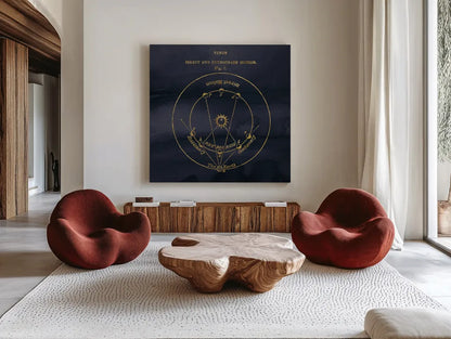 Geography of the Heavens IX Blue Gold by Wild Apple Portfolio. Shown as extra-large giant wall art in a modern living room. Available as an archival giclee rolled canvas, fine art paper, or poster print. SKU 37309a.