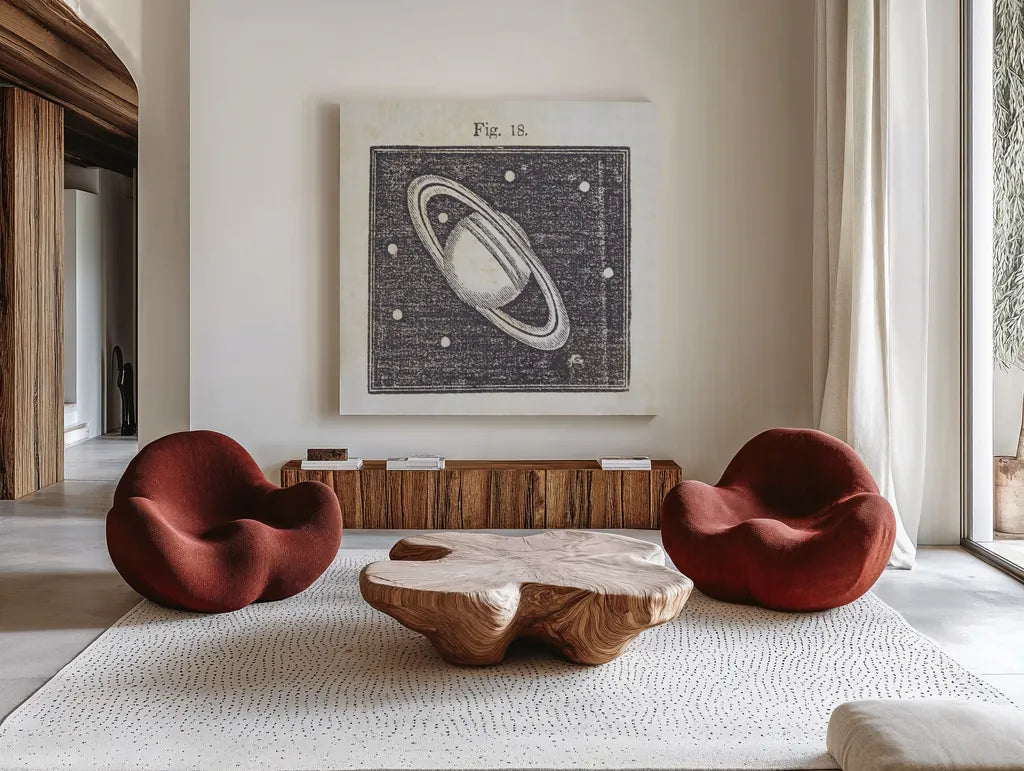 Geography of the Heavens V by Wild Apple Portfolio. Shown as extra-large giant wall art in a modern living room. Available as an archival giclee rolled canvas, fine art paper, or poster print. SKU 42811a.