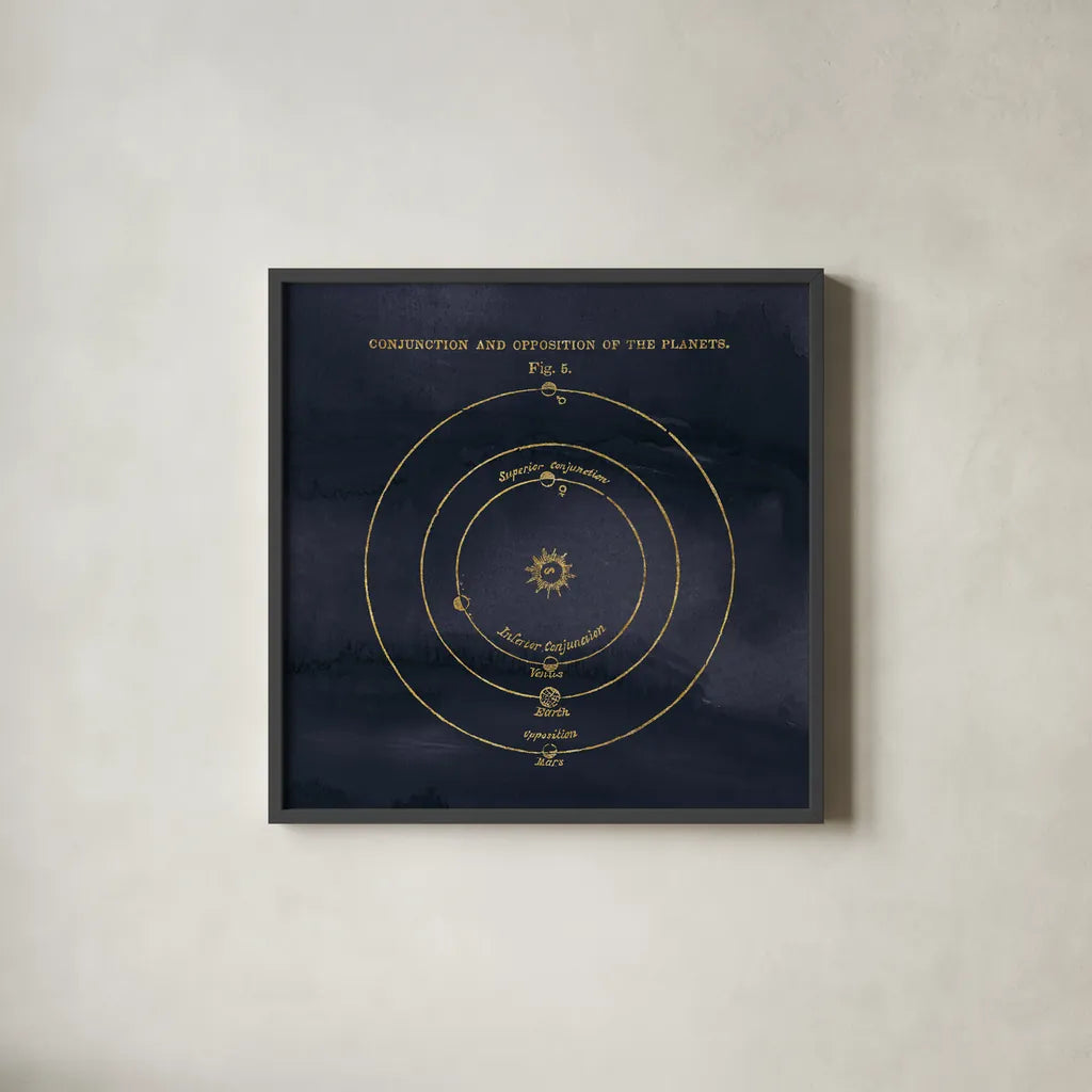 Geography of the Heavens X Blue Gold by Wild Apple Portfolio. Shown in a sleek black glass frame for a contemporary gallery look. Available as an archival giclee rolled canvas, fine art paper, or poster print. SKU 37310a.