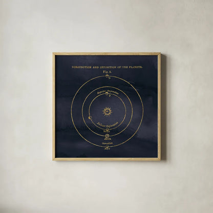 Geography of the Heavens X Blue Gold by Wild Apple Portfolio. Shown in a natural wood glass frame for a timeless modern aesthetic. Available as an archival giclee rolled canvas, fine art paper, or poster print. SKU 37310a.