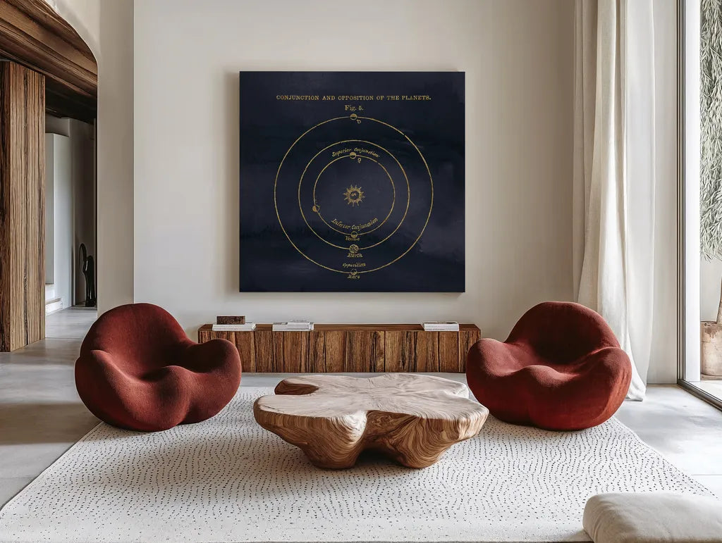 Geography of the Heavens X Blue Gold by Wild Apple Portfolio. Shown as extra-large giant wall art in a modern living room. Available as an archival giclee rolled canvas, fine art paper, or poster print. SKU 37310a.