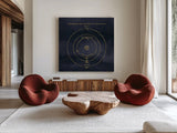 Geography of the Heavens X Blue Gold by Wild Apple Portfolio. Shown as extra-large giant wall art in a modern living room. Available as an archival giclee rolled canvas, fine art paper, or poster print. SKU 37310a.