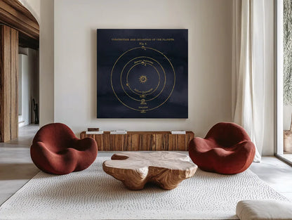 Geography of the Heavens X Blue Gold by Wild Apple Portfolio. Shown as extra-large giant wall art in a modern living room. Available as an archival giclee rolled canvas, fine art paper, or poster print. SKU 37310a.