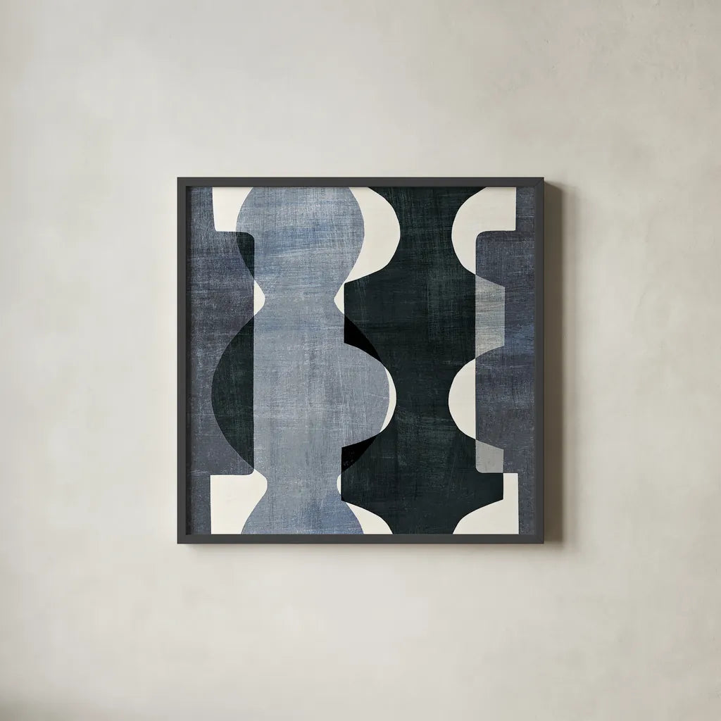 Geometric Deco I BW by Wild Apple Portfolio. Shown in a sleek black glass frame for a contemporary gallery look. Available as an archival giclee rolled canvas, fine art paper, or poster print. SKU 32047a.
