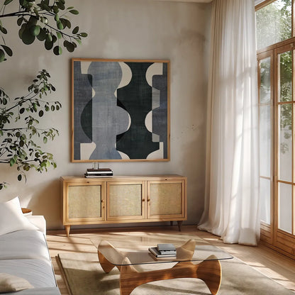 Geometric Deco I BW by Wild Apple Portfolio. Shown in a natural wood frame in a cozy modern living room. Available as an archival giclee rolled canvas, fine art paper, or poster print. SKU 32047a.